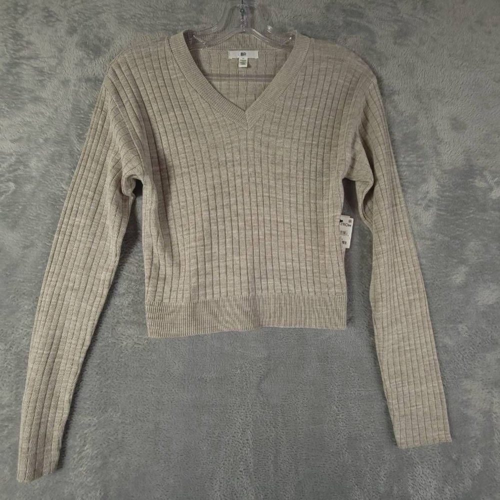 BP Womens Cropped Sweater Gray Heathered Long Sleeve V‎ Neck Ribbed Knit M New